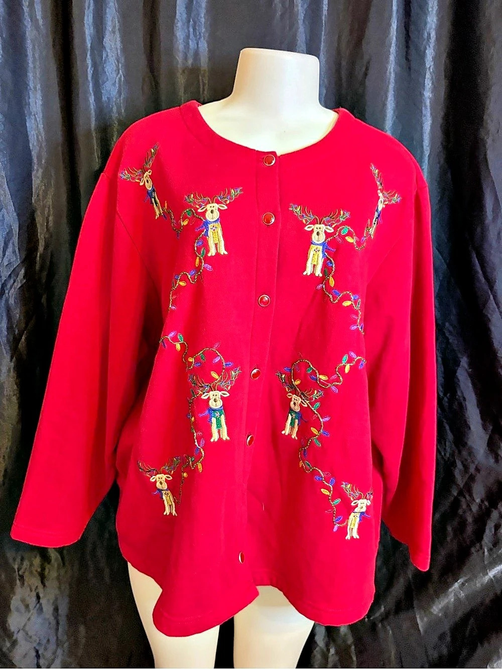 Karen Scott Embroidered Reindeer Cardigan in Pink Like New